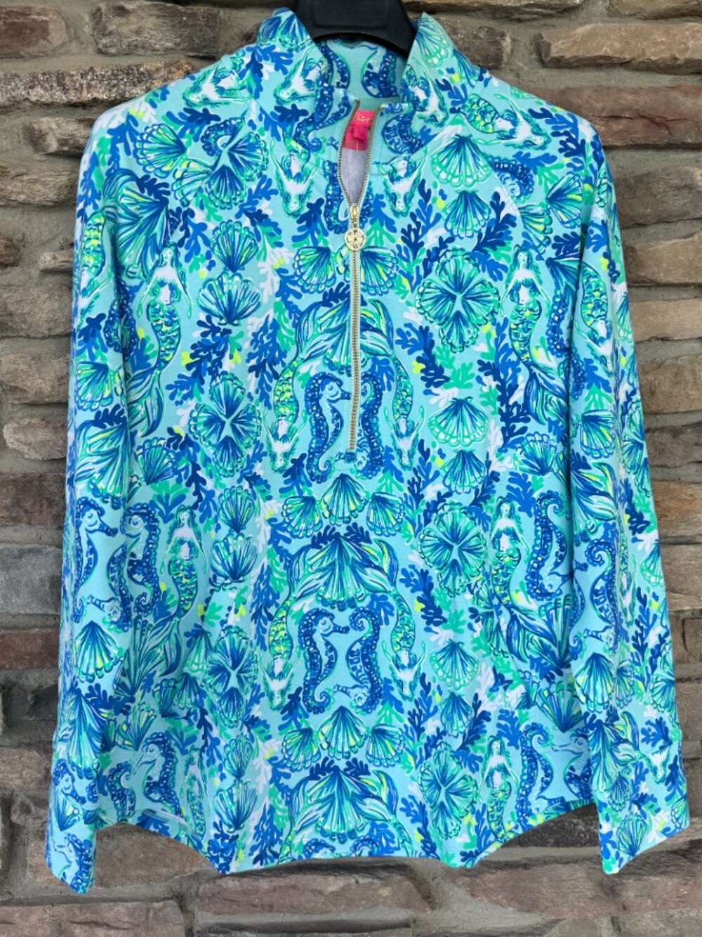 Lilly Pulitzer 1/2 Zip Skipper Popover Sea Glass Aqua Seeing Double Large NWT